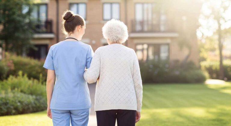 Older adult and family member reviewing assisted living information at a table in a bright apartment.